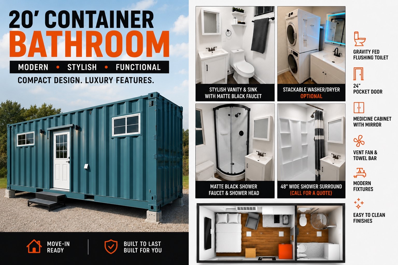 20ft container bathroom — gravity fed toilet, stackable washer/dryer, luxury fixtures