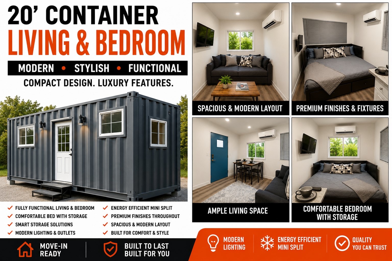 20ft container living and bedroom — spacious layout, comfortable bed, smart storage