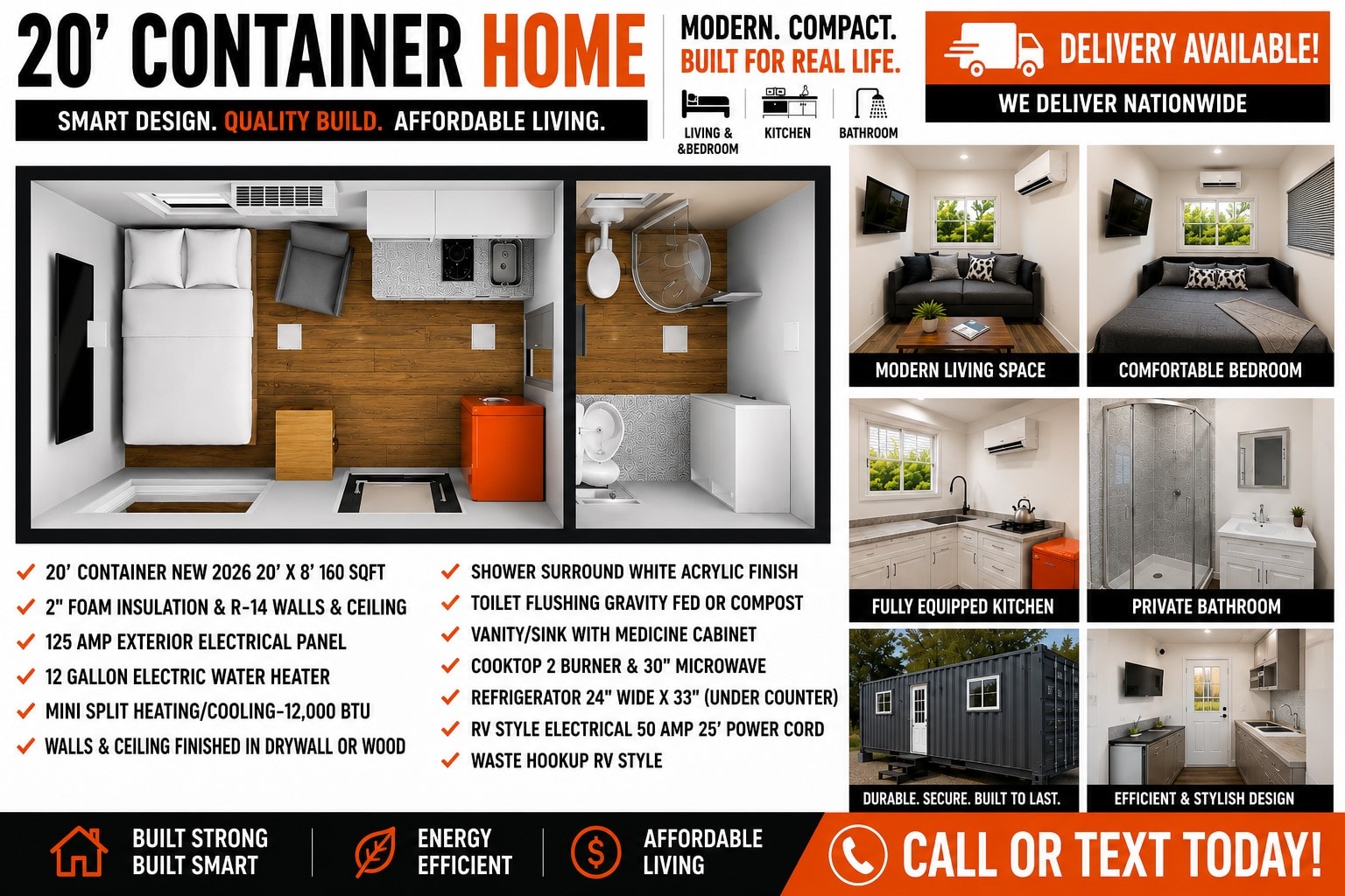 20ft container home specs — floor plan, features, and nationwide delivery